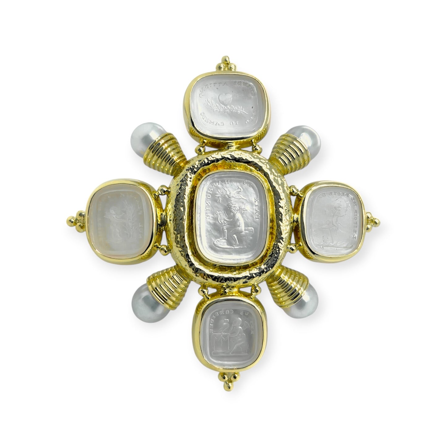 Elizabeth Gage Rock Crystal Pearl Cross Brooch