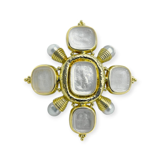 Elizabeth Gage Rock Crystal Pearl Cross Brooch