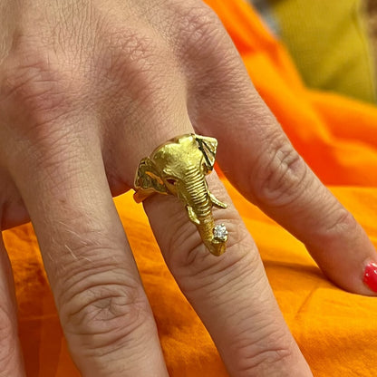 Gold Ruby Diamond Elephant Head Ring