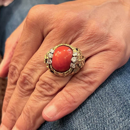 Oval Cabochon Coral Gold Diamond Ring