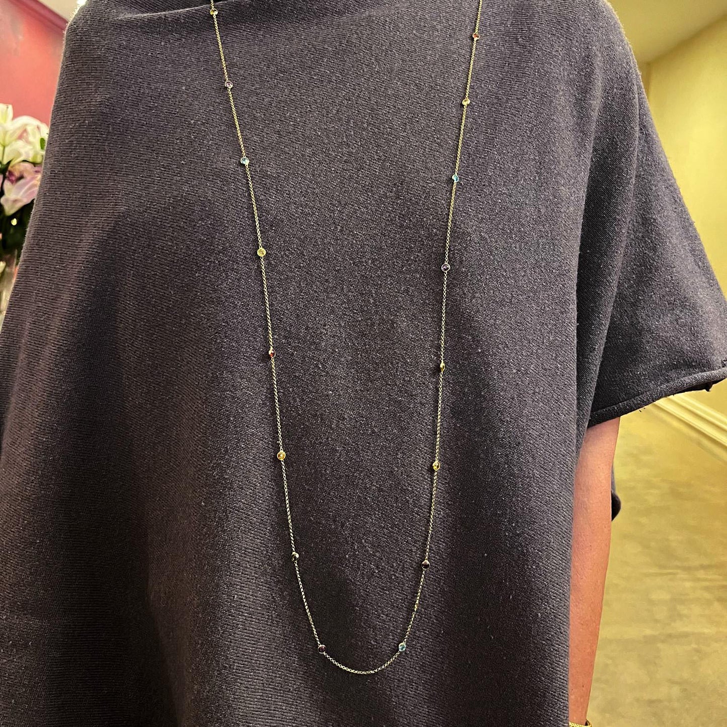 Long Multi Gem Chain Necklace