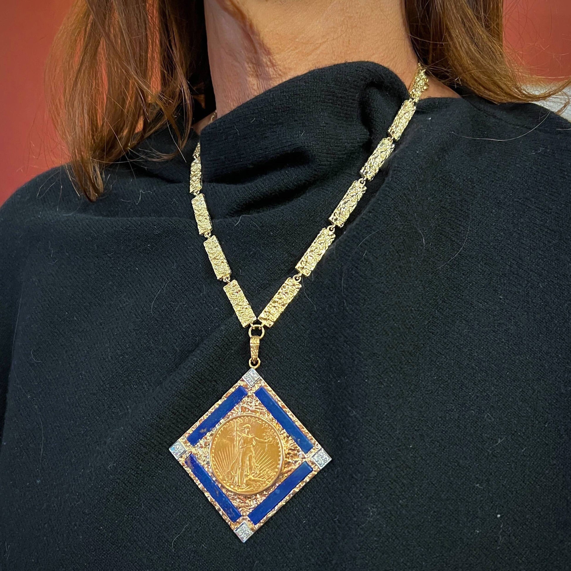 1926 Gold Coin Lapis Diamond Pendant Necklace