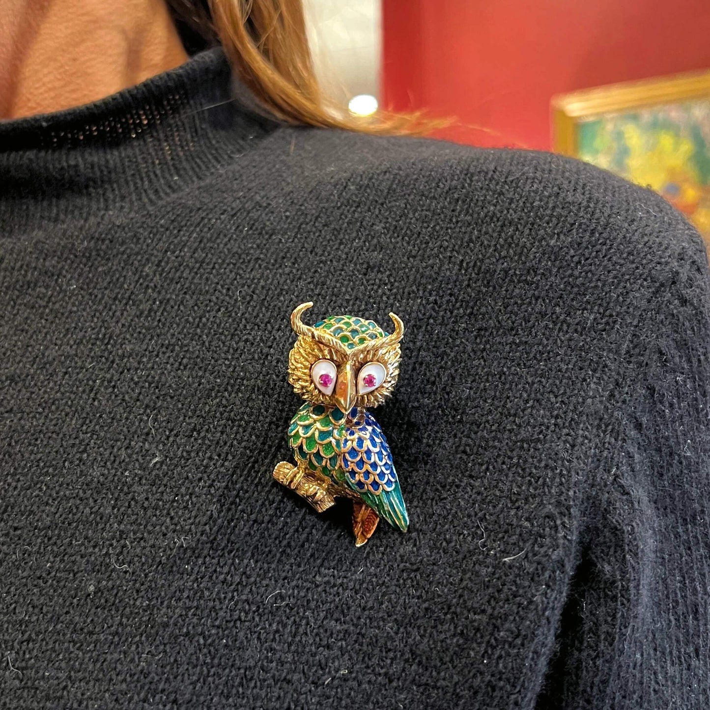 Owl Enamel Pink Sapphire Gold Brooch