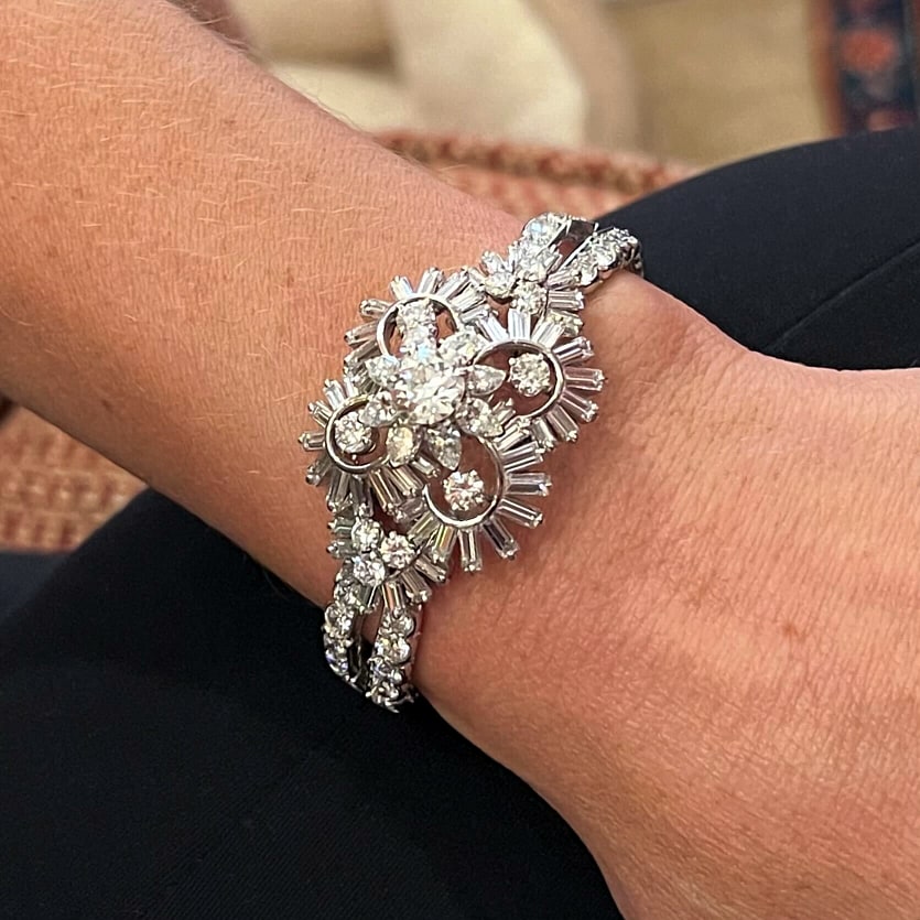 1950s French Platinum Diamond Floral Bracelet