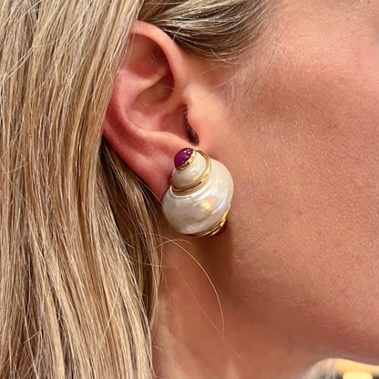 Seaman Schepps Gold Shell Ruby Earrings