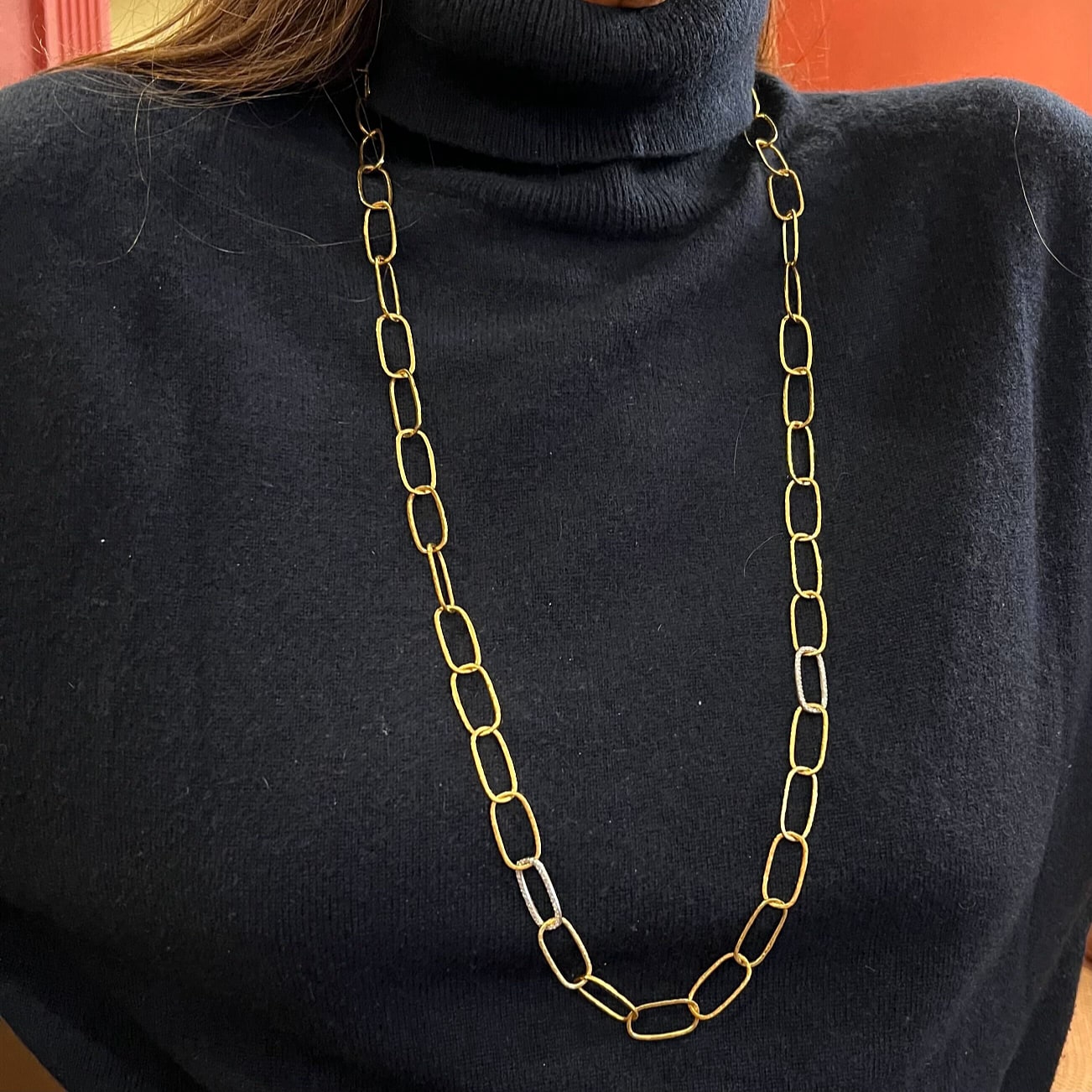 Gurhan Geo Hammered Gold Diamond Oval Link Necklace