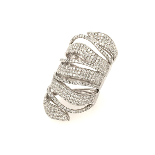 An 18 karat white gold and diamond snake ring. Designed as an articulated winding pave set stylized diamond snake.