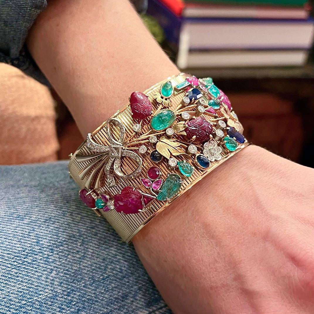1950s Multi Gem Diamond Bouquet Gold Bracelet