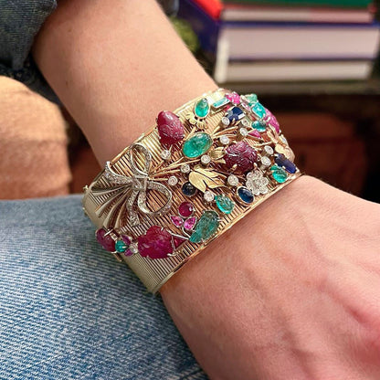 1950s Multi Gem Diamond Bouquet Gold Bracelet