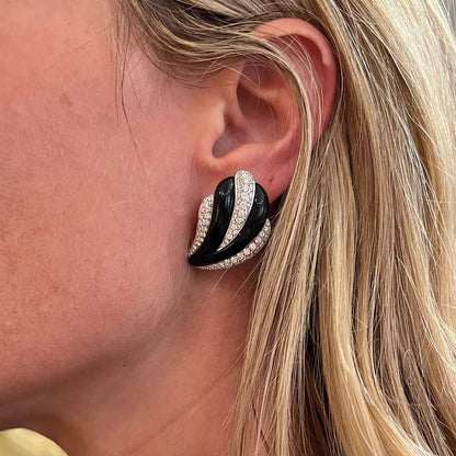 White Gold Black Onyx Diamond Swoop Earrings