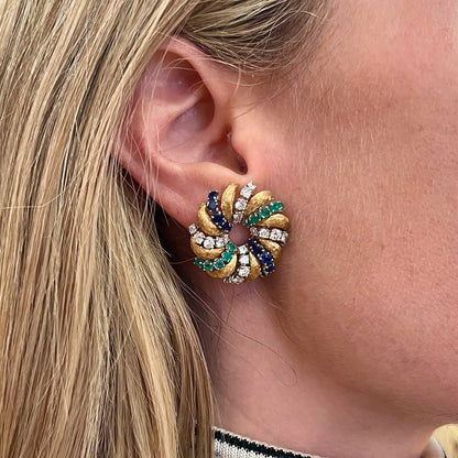 Sapphire Emerald Diamond Gold Spiral Earrings