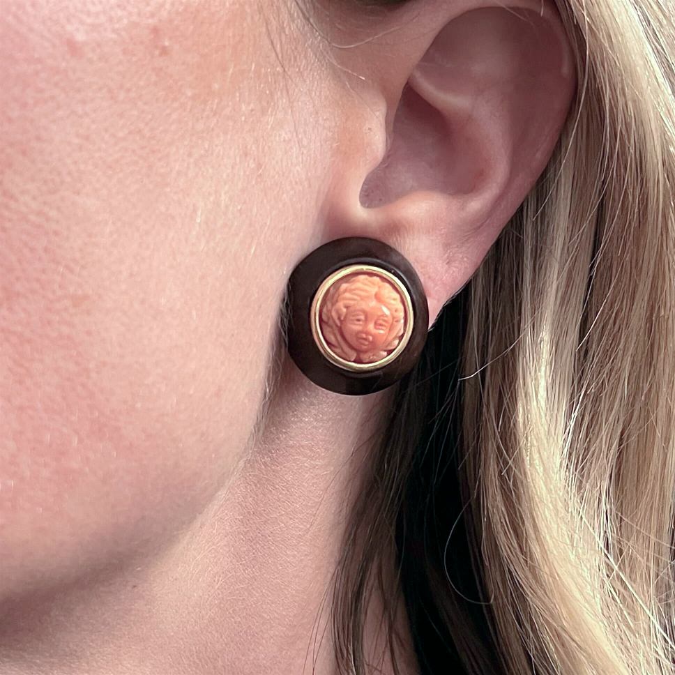 French Coral Cameo Wood Gold Earrings