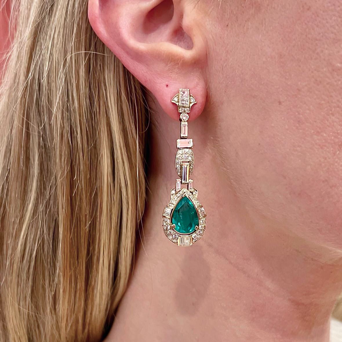 Pear Shaped Emerald Diamond Drop Earrings