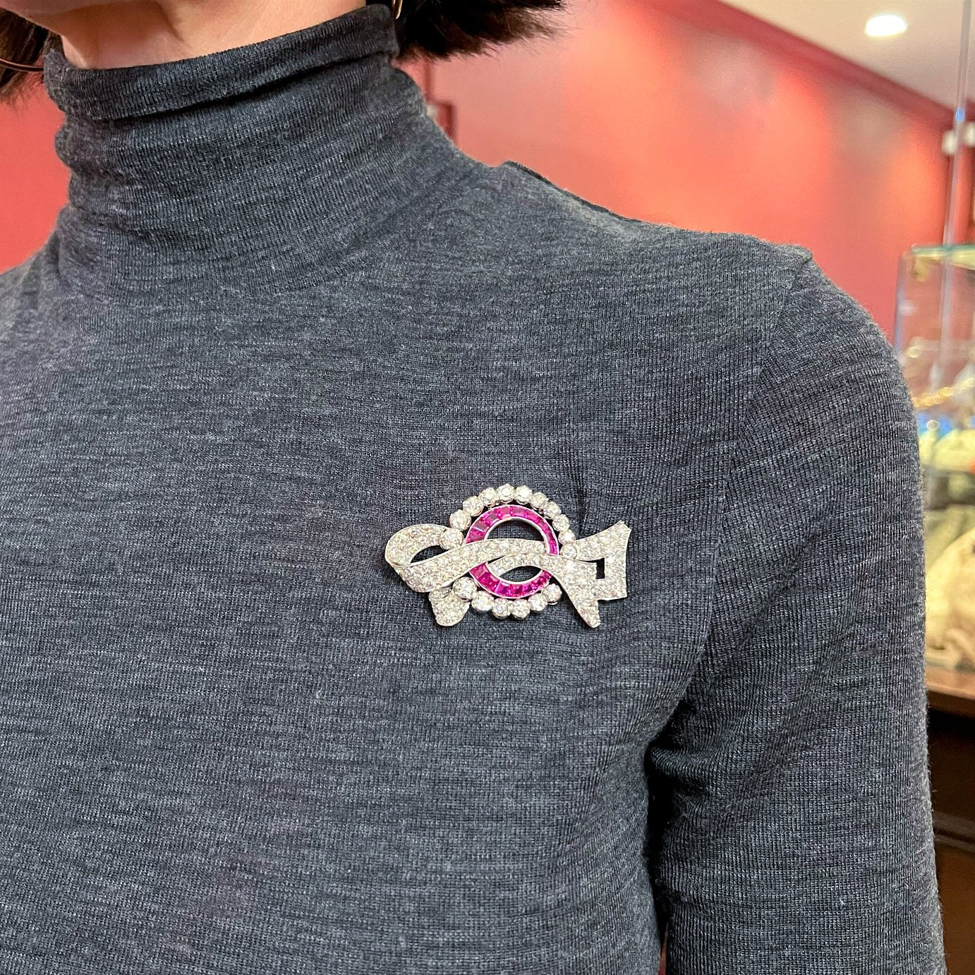 Ruby Diamond Platinum Ribbon Brooch