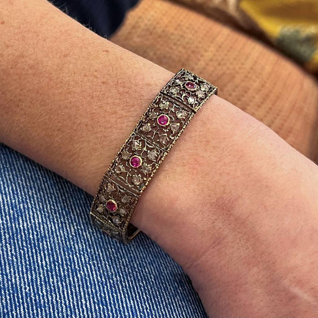 1920s Buccellati Gold Silver Ruby Diamond Openwork Bracelet