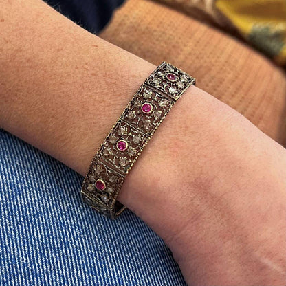 1920s Buccellati Gold Silver Ruby Diamond Openwork Bracelet