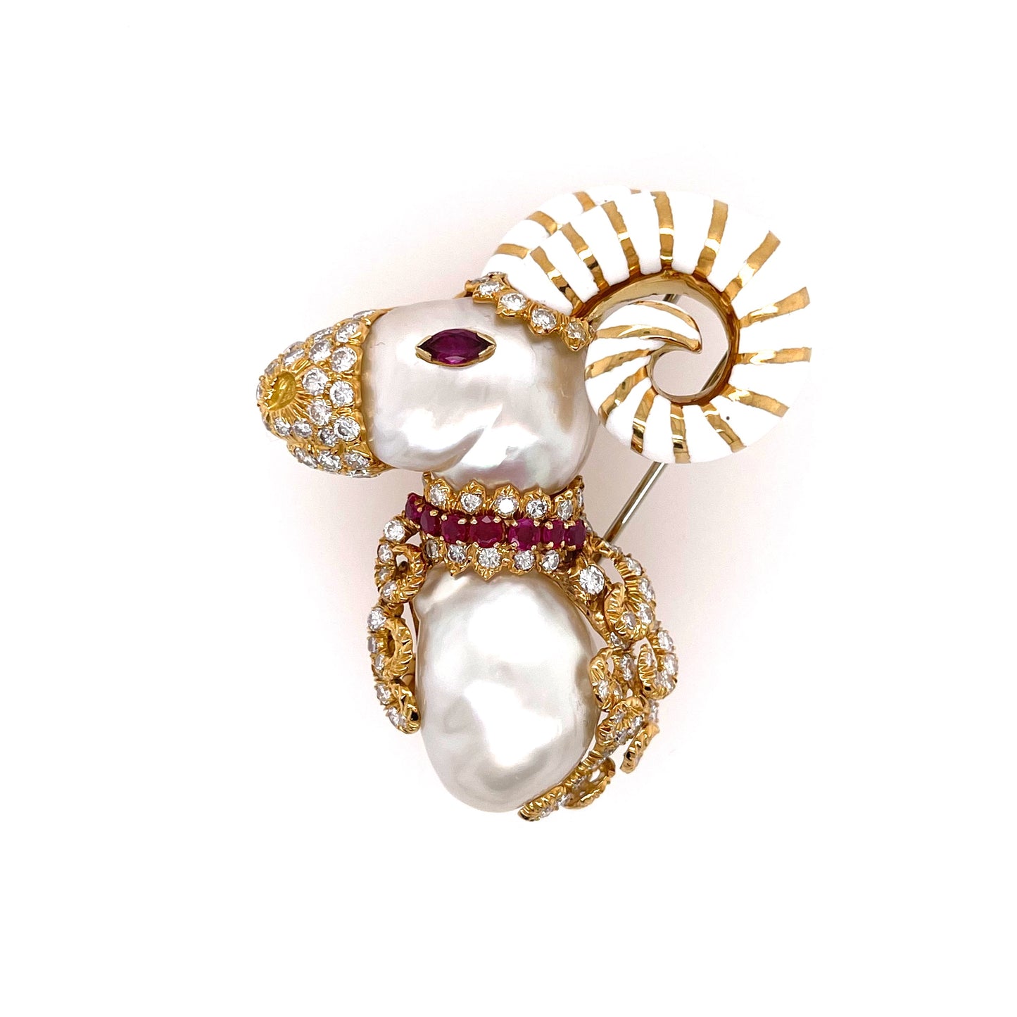 Pearl Ruby Diamond Enamel Ram Brooch