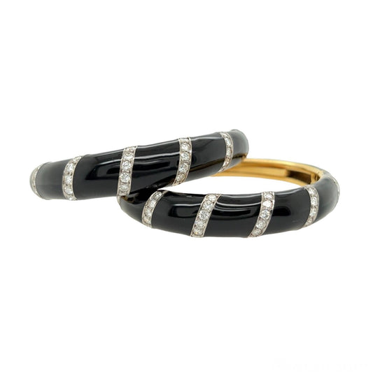 Pair Black Enamel Gold Diamond Bracelets