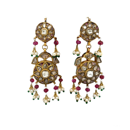 Indian Style Multi Gem Gold Chandelier Earrings