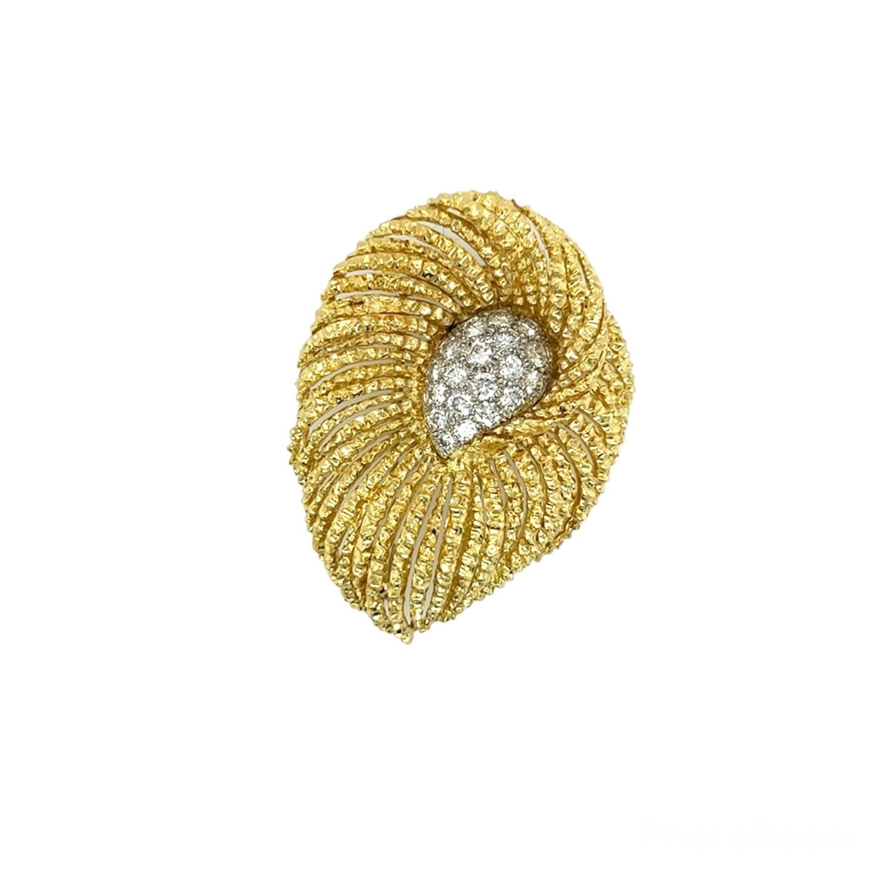 Gold Diamond Textured Plume Brooch