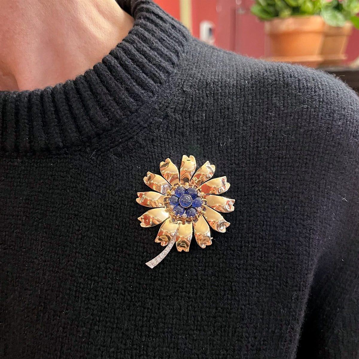 Gold Sapphire Diamond Flower Brooch