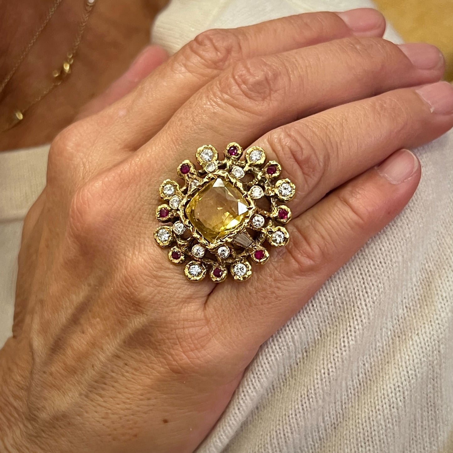 Artistic Yellow Sapphire Ruby Diamond Ring