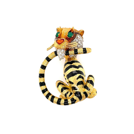 Enamel Emerald Diamond Tiger Brooch