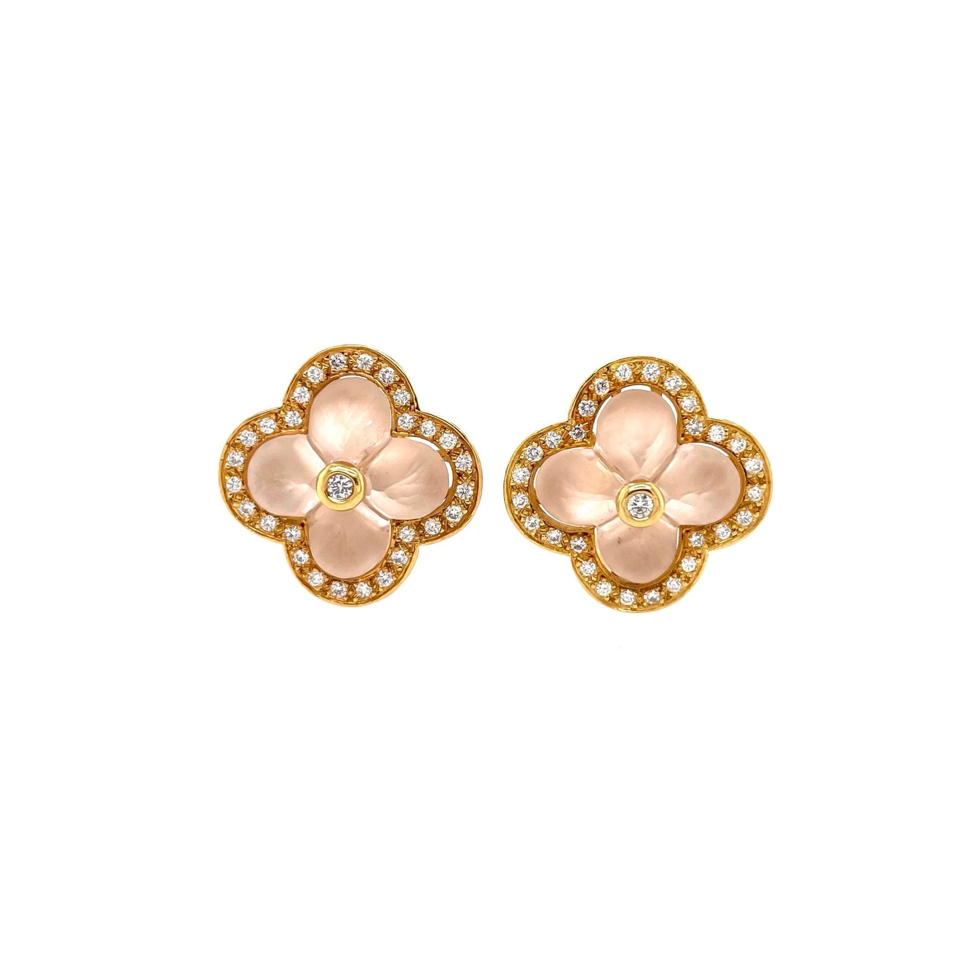 Rock Crystal Diamond Gold Clover Earrings