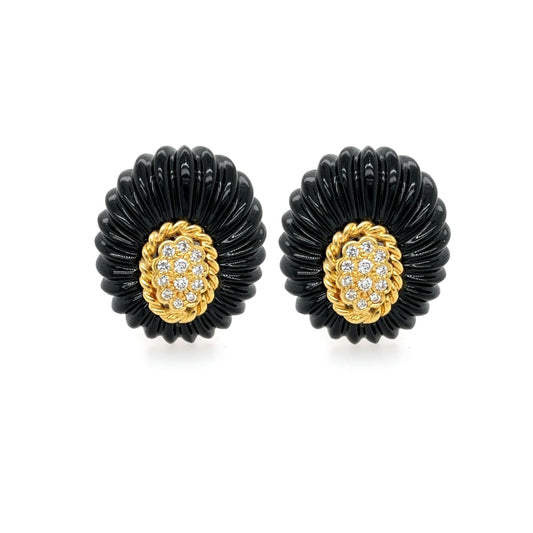 Oval Gold Diamond Black Onyx Earrings