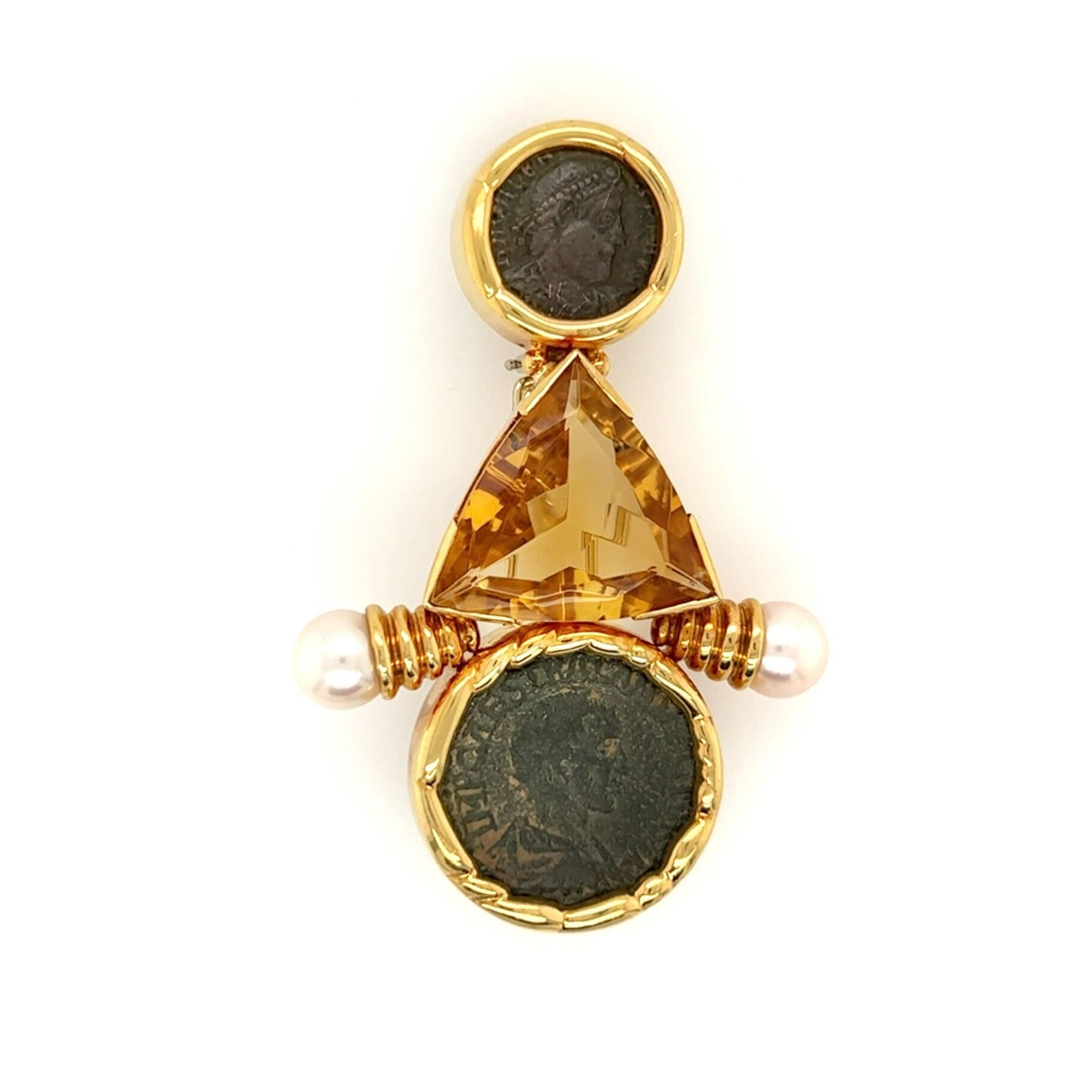 Ancient Coin Citrine Pearl Brooch