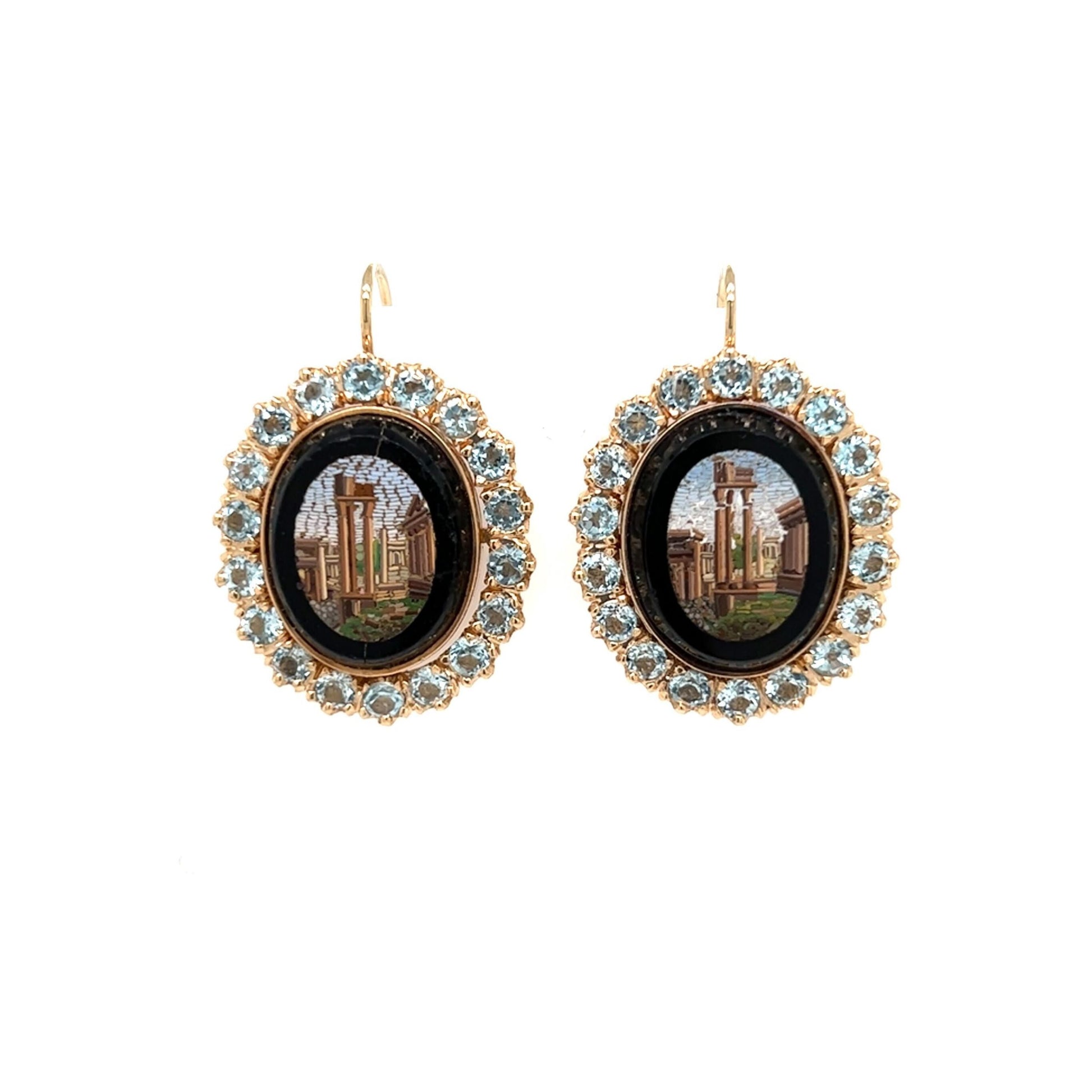 Roman Micromosaic Blue Topaz Gold Earrings