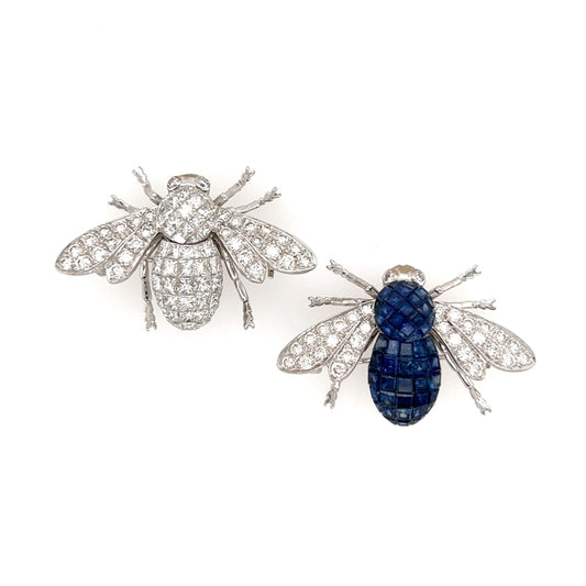 Pair Sapphire Diamond Bee Brooches