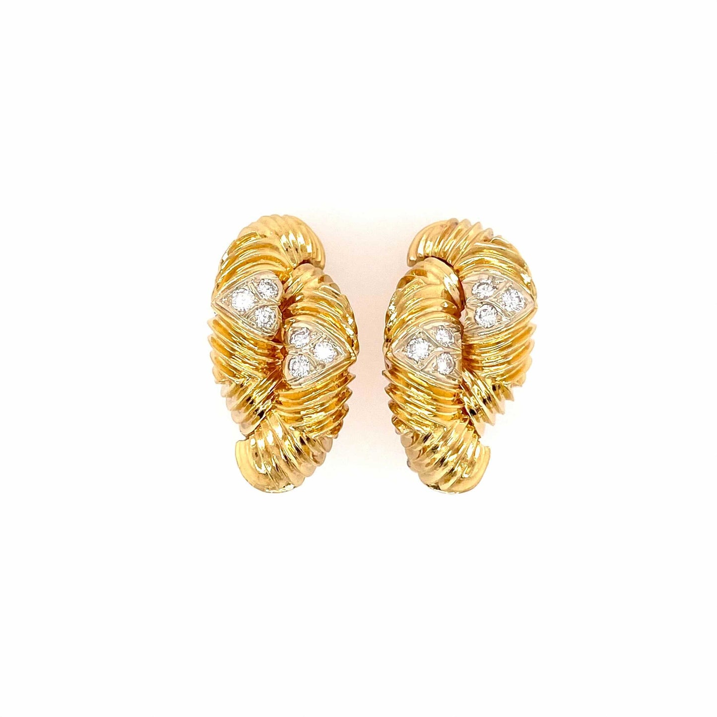 Gold Diamond Fluted Half Hoop Earrings