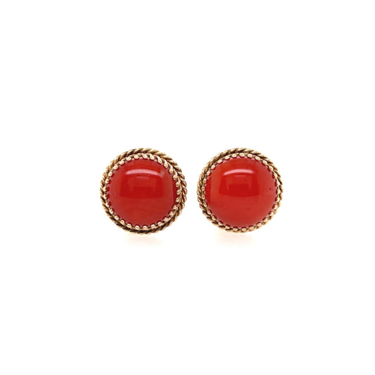 1950s Oxblood Coral Button Gold Earrings