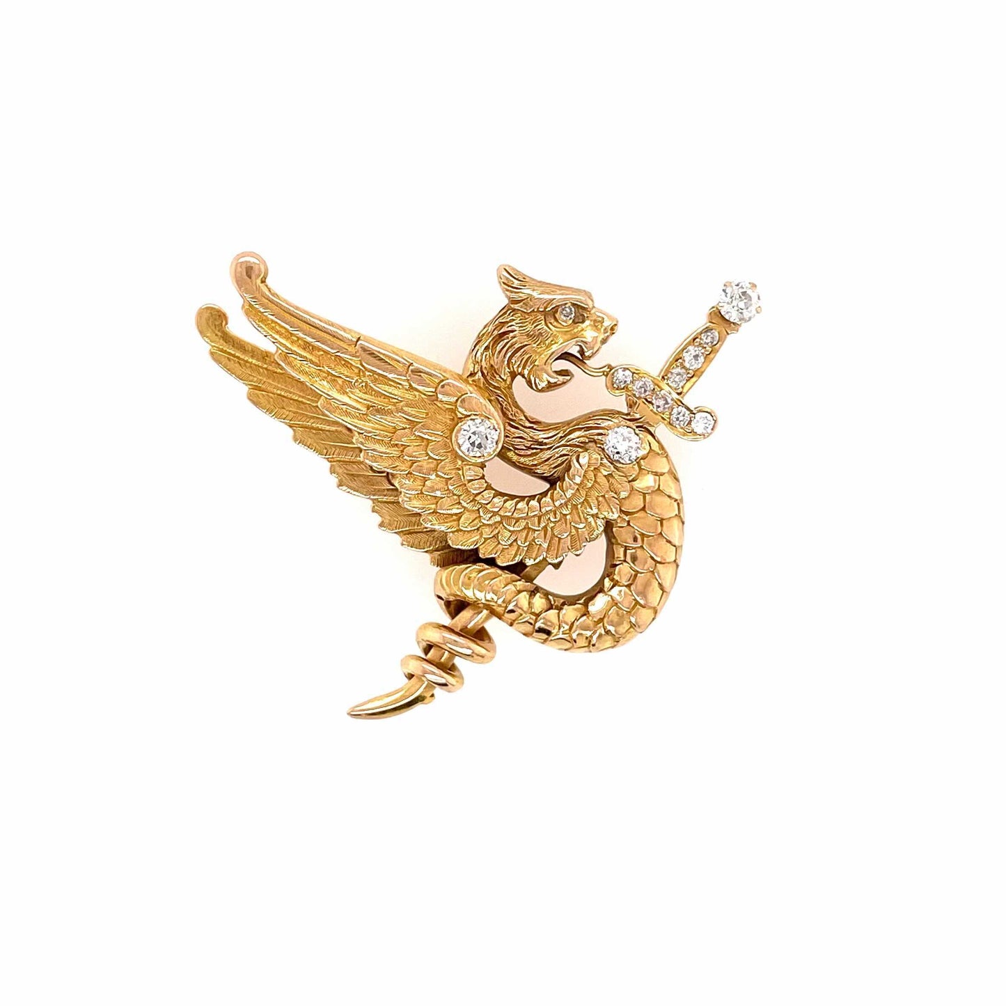 Antique Gold Diamond Dragon Sword Brooch