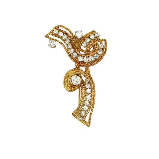 Gold Diamond Scrolling Ribbon Brooch