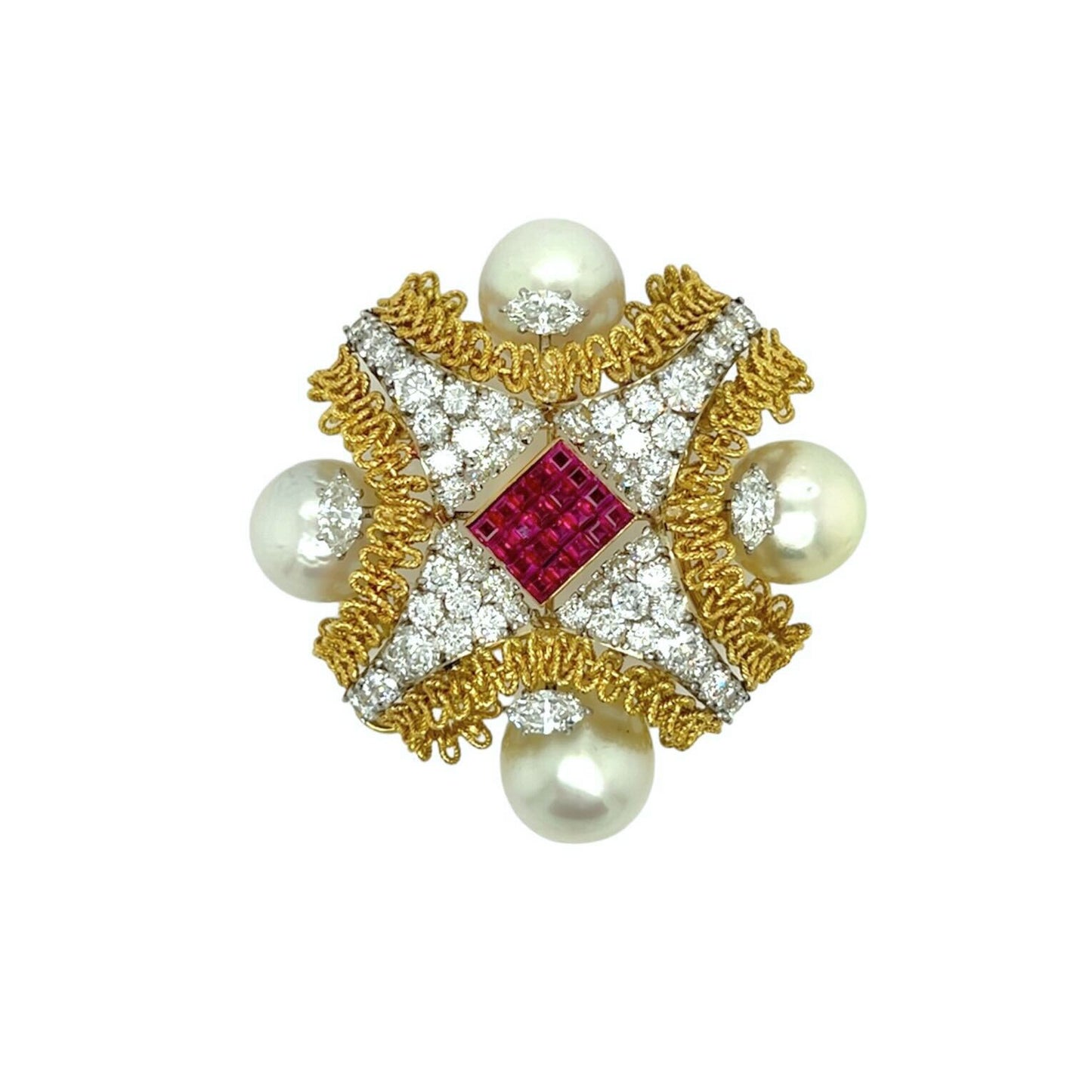 Pearl Ruby Diamond Quatrefoil Brooch