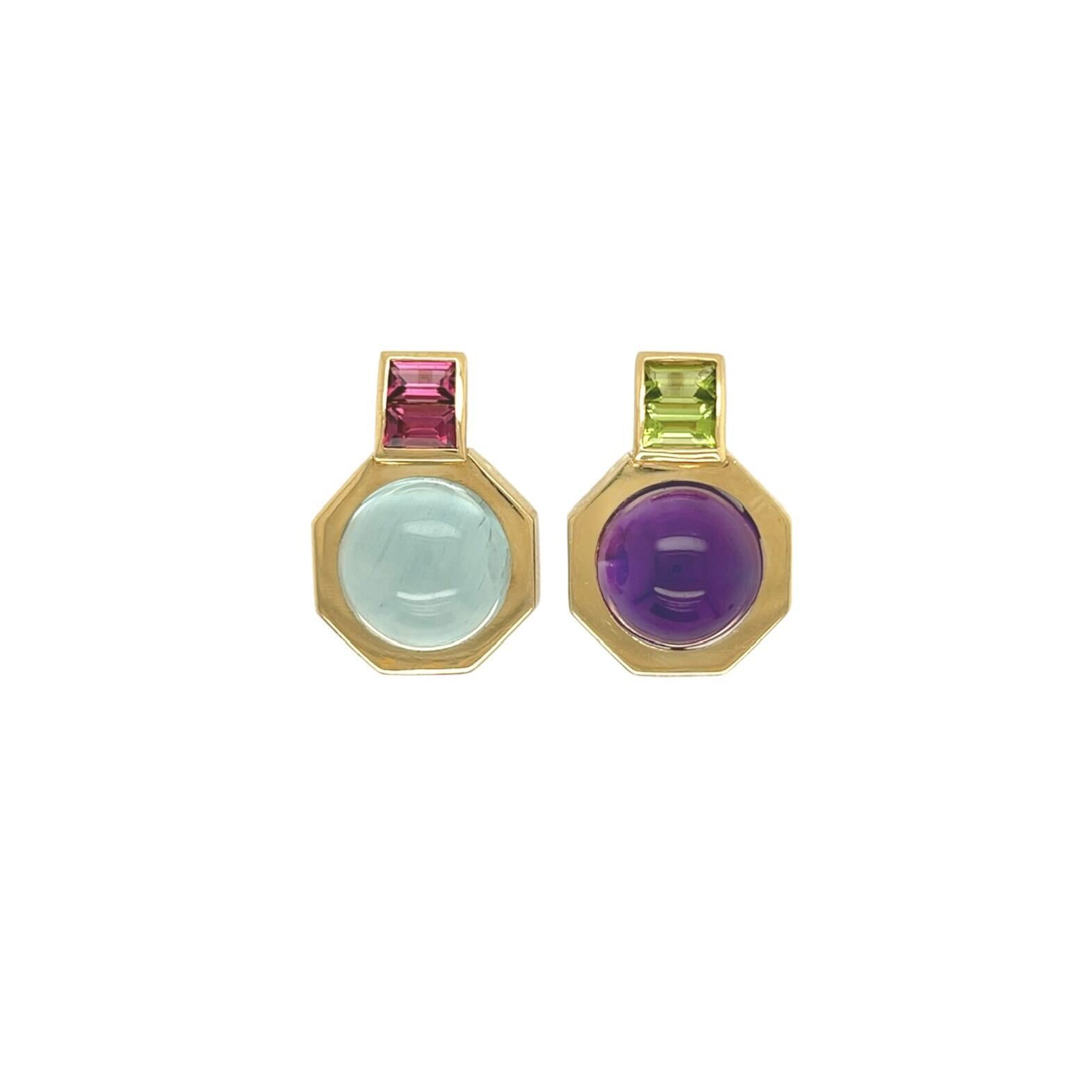 Octagonal Multi Gem Gold Earrings