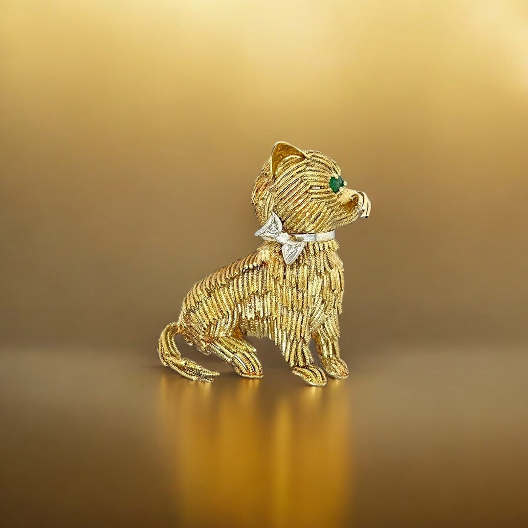 Gold Emerald Diamond Cat Brooch