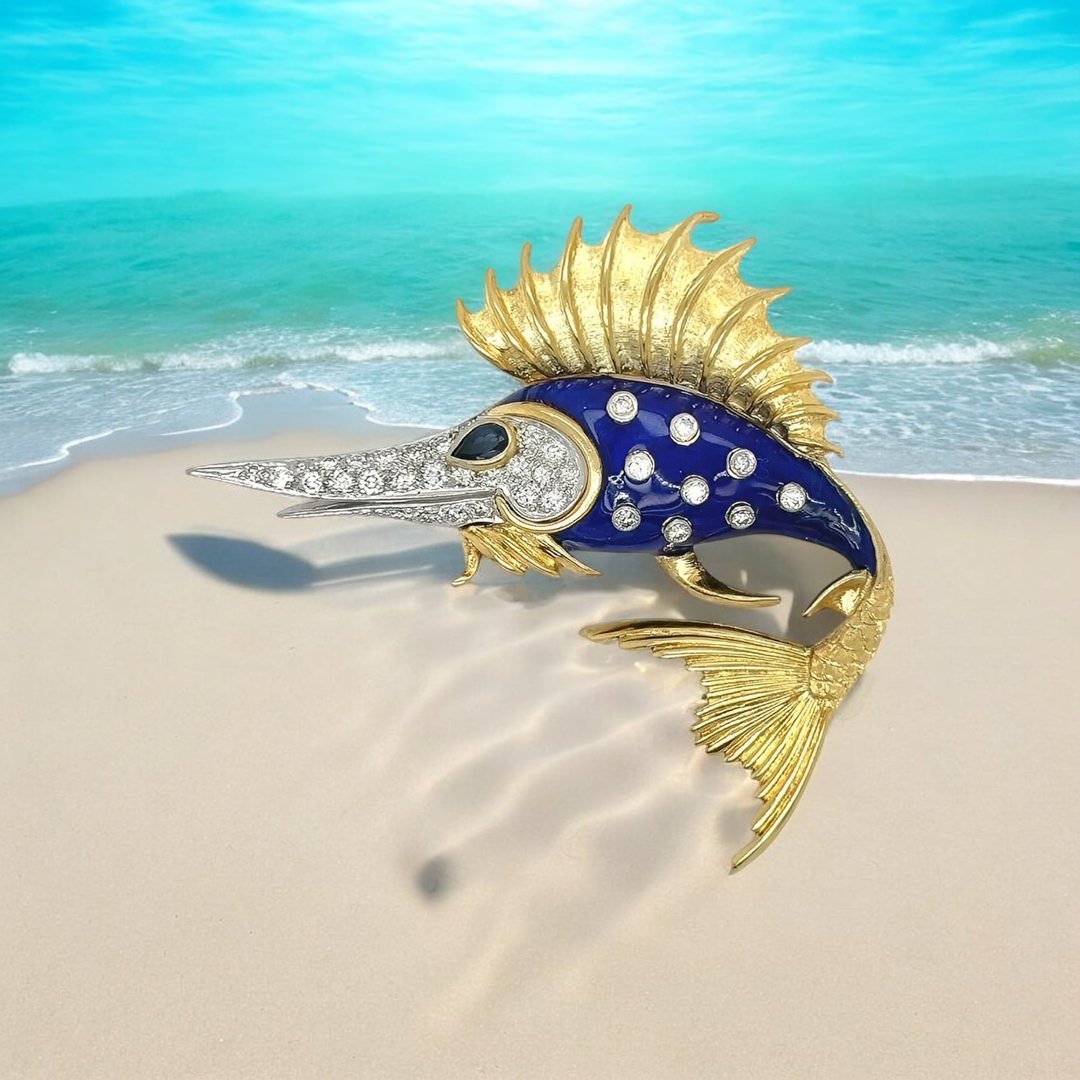 Rondette Enamel Sapphire Diamond Sailfish Brooch