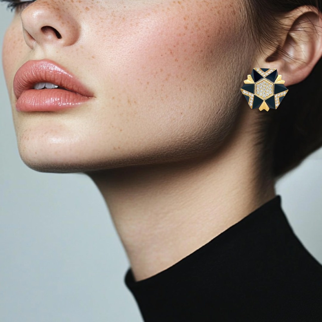 Hexagon Black Onyx Diamond Gold Earrings