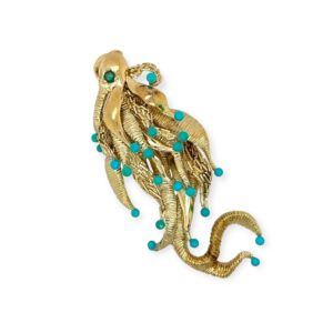 Turquoise Emerald Gold Octopus Brooch