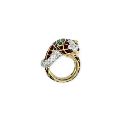David Webb Emerald Diamond Enamel Snake Ring