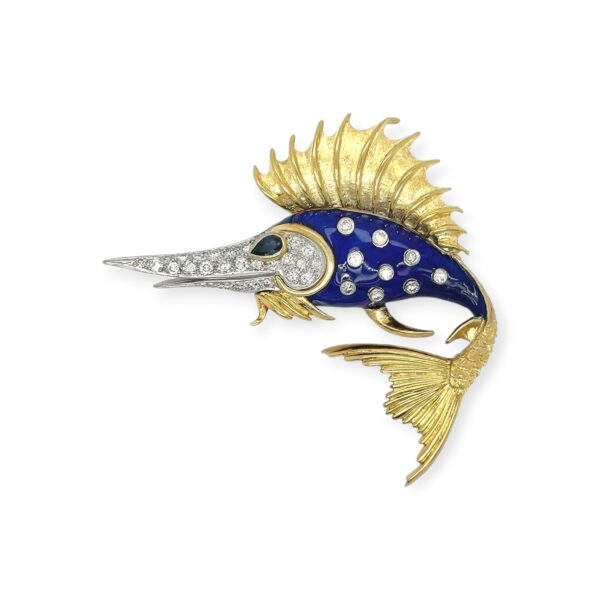 Rondette Enamel Sapphire Diamond Sailfish Brooch