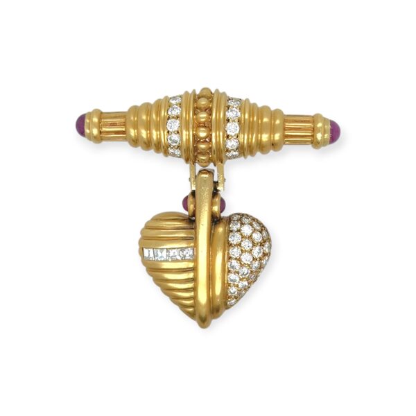 Gold Ruby Diamond Puffed Heart Pendant Brooch